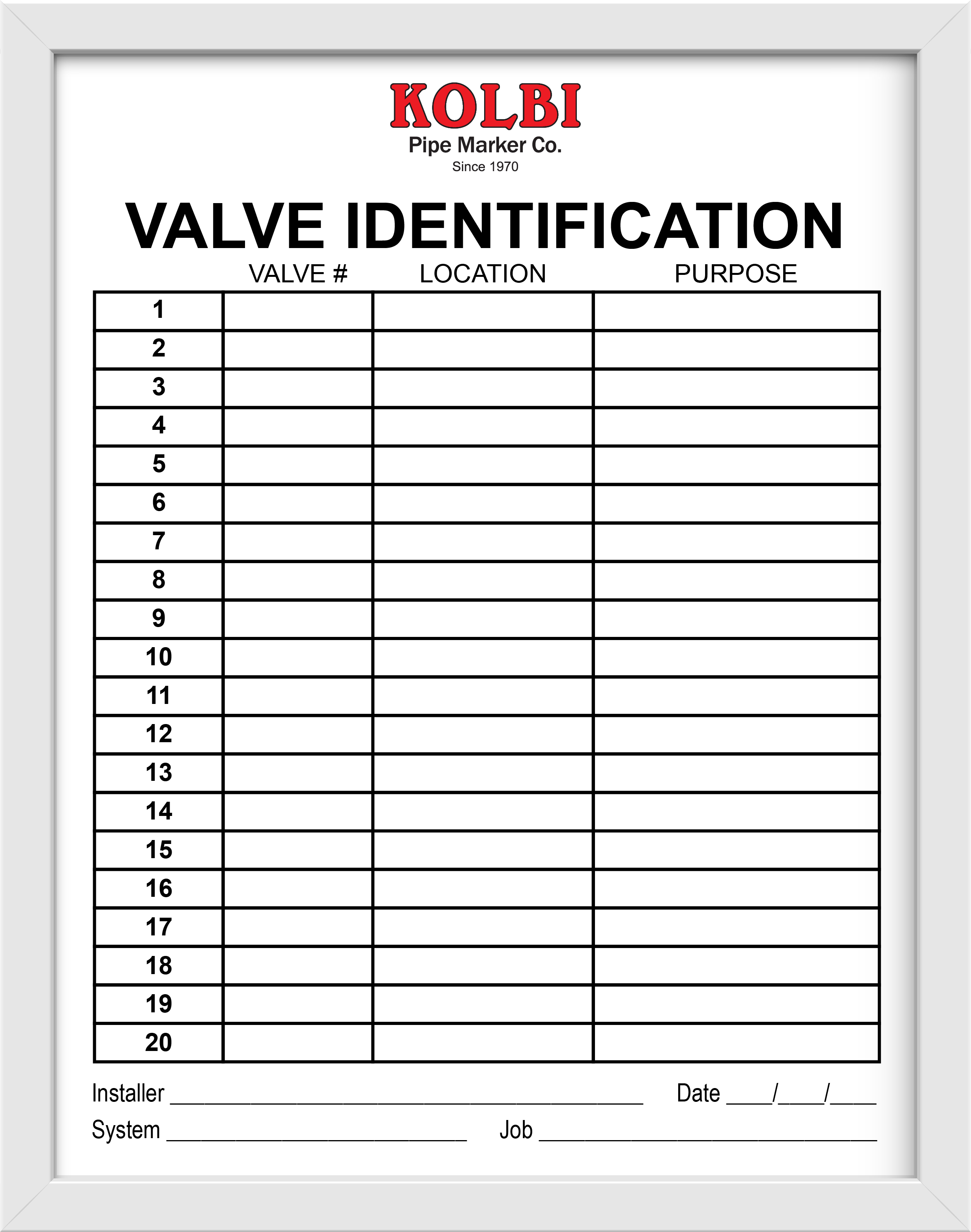 Valve Tag Chart Frames